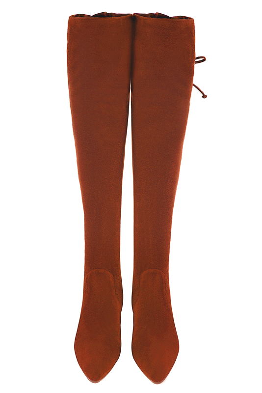 Terracotta orange women's leather thigh-high boots. Tapered toe. Low flare heels. Made to measure. Top view - Florence KOOIJMAN